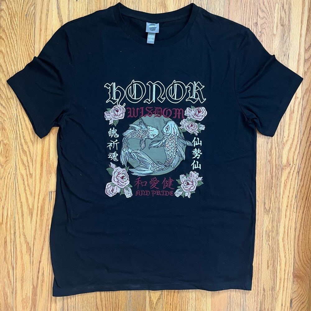 Embroidered Urban ID Black T-Shirt with Fish and Floral Design